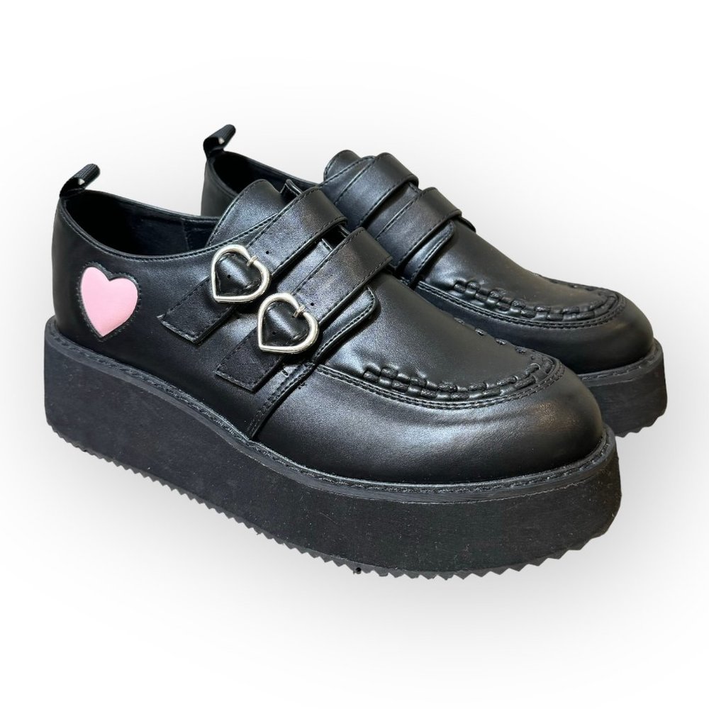 Koi Pink Heart Strappy Creepers Platform Loafers In B… Gem
